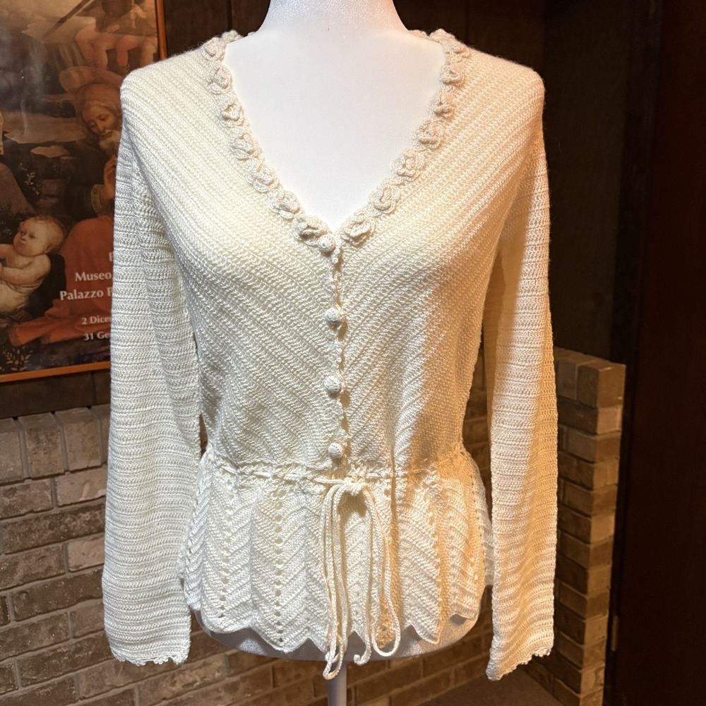 Sandra Angelozzi Ivory Dainty Coquette Rose Cardigan Tie Waist Romantic L Wool